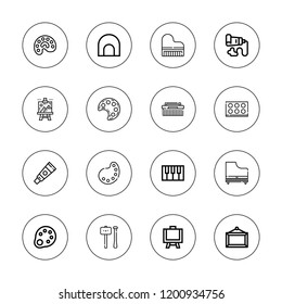 Artistic icon set. collection of 16 outline artistic icons with canvas, cave, brush, palette, paint palette, paint tube, piano, sculpture icons.