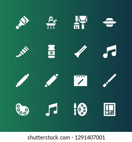 artistic icon set. Collection of 16 filled artistic icons included Mondrian, Painting palette, Music note, Palette, Brush, Notes, Rolling pin, Note, Flute, Paint tube, Easel, Paint