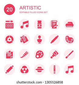artistic icon set. Collection of 20 filled artistic icons included Watercolor, Note, Paint tube, Notes, Brush, Color palette, Sculpture, Rolling pin, Palette, Paint, Flute, Musical note