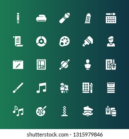 artistic icon set. Collection of 25 filled artistic icons included Notes, Artist, Sculpture, Painting palette, Music notes, Note, Watercolor, Easel, Brush, Rolling pin, Mondrian