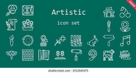 conjunto de iconos artísticos. estilo de icono de línea. iconos relacionados con el arte como pincel, cereza, rodillo de pintura, flores, notas, color, pincel de pintura, patrón, león, flor, literatura, música, casa de perro, jirafa