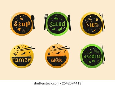 Iconos artísticos ambientados en Vector, que representan los componentes comunes del menú de comidas asiáticas: sopa, ensalada, arroz, ramen, wok y fideos. Cada comida dibujada como pictograma de alto contraste frente a un círculo vibrante.