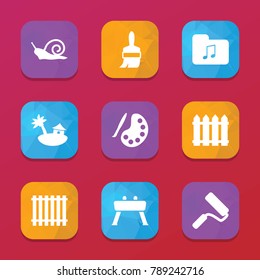 Artistic icons. vector collection filled artistic icons set.. includes symbols such as fence, paint roller, paint brush, music folder. use for web, mobile and ui design.