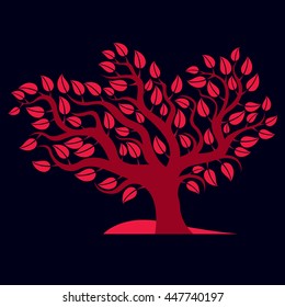 Artistic  illustration of autumn branchy tree with red leaves, stylized eco symbol. Graphic design vector image on season idea, beautiful picture.