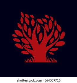 Artistic  illustration of autumn creative tree with red leaves, stylized eco symbol. Graphic design vector image on season idea, beautiful picture.