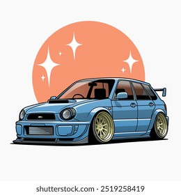 An artistic illustration of a blue car with gold rims against an orange sun and twinkling stars