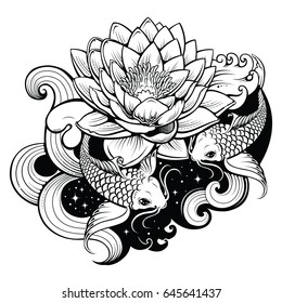 Artistic illustration of carps koi in tattoo style