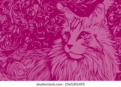 Artistic illustration of a cat surrounded by floral patterns and swirls in vibrant pink tones