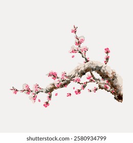 Artistic illustration of a cherry blossom branch with pink flowers. Cherry blossoms, delicate and pink, adorn the branch. Beautiful cherry blossom art. Vintage botanical illustration isolated, vector.