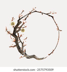 Artistic illustration of a circular tree branch with delicate blossoms. The tree branch forms a circle, adorned with blossoms, creating a natural, organic design. Vintage floral illustration, vector.