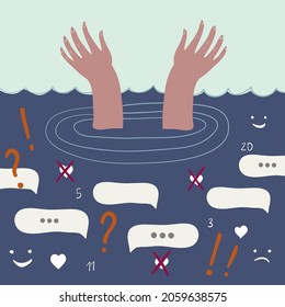 Artistic illustration concept of drowning in social media information. Hand-drawn image of a person’s hands in a pool, the idea of being overwhelmed with images, text, and data from social networks. 