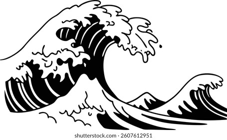 Artistic Illustration of a Cresting Ocean Wave in Black and White 