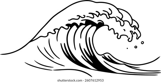 Artistic Illustration of a Cresting Ocean Wave in Black and White 