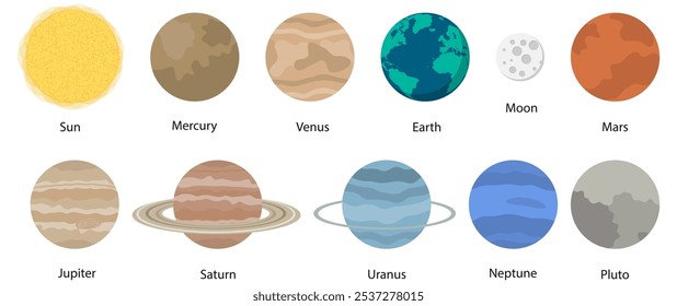 Uma ilustração artística dedicada a planetas e corpos celestes em nosso sistema solar