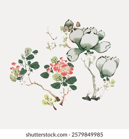 Artistic illustration of delicate flowers and leaves. Botanical design with floral elements. Nature-inspired artwork with flowers and leaves in soft colors. Vintage flower illustration, vector.