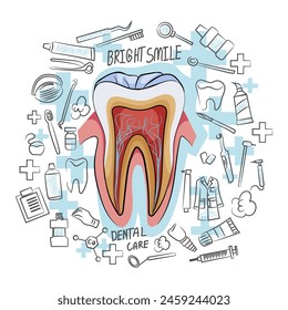 An artistic illustration of dental care with a central tooth and surrounding dental instruments on a light blue background. Vector illustration