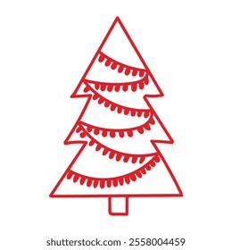 An artistic illustration of a doodle-style Christmas tree, featuring a playful red outline against a clean white background. Perfect for festive designs, greeting cards, or holiday-themed projects