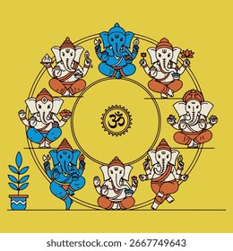 An artistic illustration of eight different poses and forms of the Hindu god Ganesha, arranged in a circular design around the sacred Om symbol.
