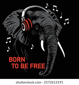 Artistic illustration of an elephant wearing headphones surrounded by music notes on a black background. Music and wildlife concept, vector illustration
