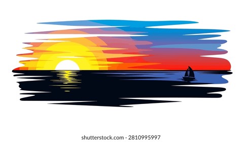 An artistic illustration featuring a bright yellow sun setting over dark water with a lone sailboat in the distance against a colorful sky.