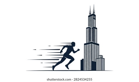 An artistic illustration featuring a dark silhouette of a person running at high speed with motion blur lines next to a stylized depiction of the Chicago skyscraper