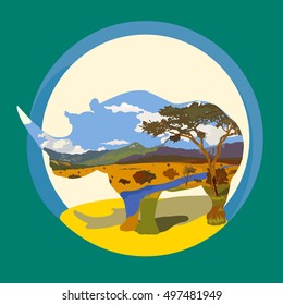 Artistic illustration featuring a silhouette of an elephant and a decorative rhino in a savanna landscape. Ideal for wildlife themes, nature art, and decorative projects.