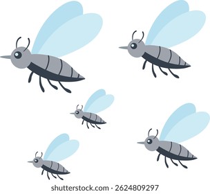 An artistic illustration of Five mosquitoes with grey bodies, black legs, and light blue wings, arranged in a scattered pattern.