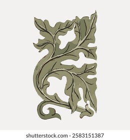 Artistic illustration of green leaves with intricate details. The leaves form a swirling pattern, showcasing nature's elegance and beauty in a decorative style. Vintage botanical vector illustration.