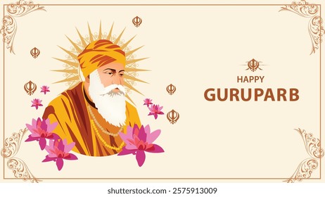 Artistic illustration of Guru Nanak Dev Ji surrounded by floral patterns and golden rays, celebrating Gurpurab with vibrant colors and traditional elements