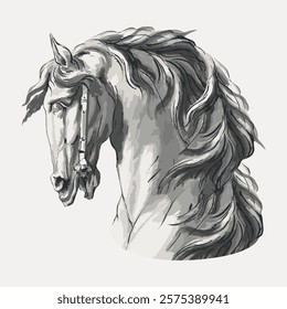 Artistic illustration of a horse's head in grayscale. The horse's mane flows elegantly, showcasing detailed shading. A majestic horse portrait in monochrome. Isolated vintage vector element.