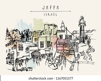 Artistic illustration of Jaffa (Yafo), Tel Aviv, Israel. Lighthouse, houses and trees. Grungy black ink brush drawing. Postcard or poster template in vector