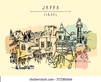 Artistic illustration of Jaffa (Yafo), Tel Aviv, Israel. Lighthouse, houses and trees. Grungy black ink brush drawing. Postcard or poster template in vector