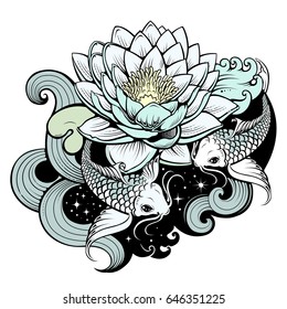 Artistic illustration of koi carps in tattoo style