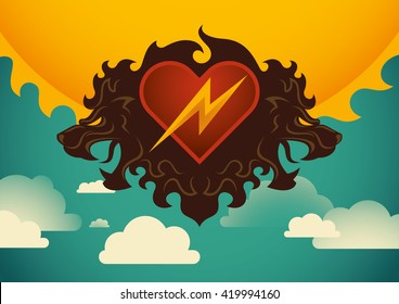 Artistic illustration with lion's heads. Vector illustration.