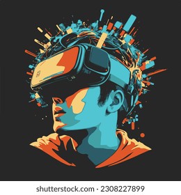 Artistic illustration of a man experiencing virtual reality wearing a VR headset