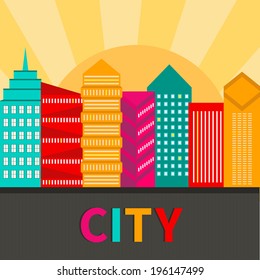 Artistic illustration of a modern city in bright colors. Vector cityscape. Modern city district. Perfect for banners, infographic and web design. All objects are grouped for easy editing.