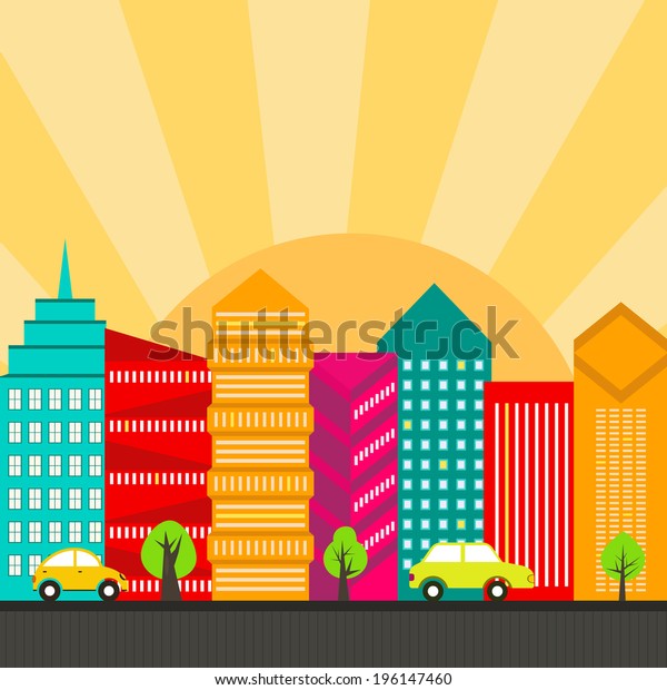 Artistic illustration of a modern city in bright\
colors. Vector cityscape. Modern city district. Perfect for\
banners, infographic and web design. All objects are grouped for\
easy editing.