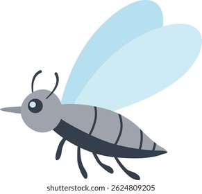 An artistic illustration of mosquito with grey bodies, black legs, and light blue wings, arranged in a scattered pattern.