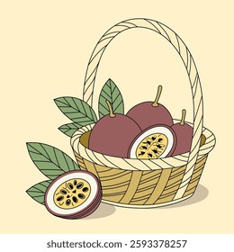 An artistic illustration of passion fruit in a woven basket, featuring whole and sliced fruits with visible seeds. Perfect for food-related designs, packaging, branding, and tropical-themed artwork.