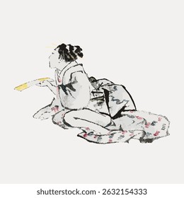 Artistic illustration of a person in traditional attire, sitting with a fan. The image features soft colors and a delicate, traditional style. Vintage character art illustration vector.