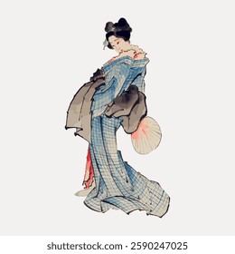 Artistic illustration of a person in traditional Japanese attire, wearing a blue kimono, holding a fan. The kimono features a plaid pattern, exuding elegance. Vintage art painting vector.