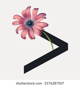 Artistic illustration of a pink flower with green stem. The flower is creatively intertwined with a black geometric shape. Pink flower, green stem, geometric art. Vintage art vector element.