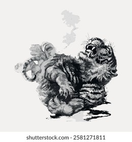 Artistic illustration of a playful tiger cub. The tiger cub is depicted in a playful pose, showcasing its playful nature. Monochrome tiger cub illustration. Vintage animal illustration vector.