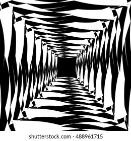 Artistic illustration with radiating - radial square shapes. Rough, grungy squares. Abstract monochrome geometric art