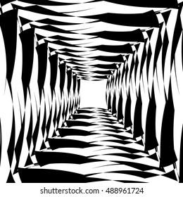 Artistic illustration with radiating - radial square shapes. Rough, grungy squares. Abstract monochrome geometric art