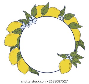 An artistic illustration of a round frame decorated with vibrant yellow lemons and delicate white flowers surrounded by luscious green leaves. Perfect for adding a fresh citrusy touch to designs or in
