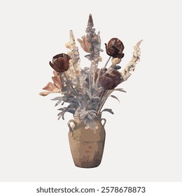 Artistic illustration of a rustic vase with flowers. The vase holds a bouquet of flowers, showcasing a rustic and artistic style in a soft color palette. Vintage flower illustration isolated, vector.