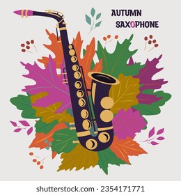 Artistic illustration with a Saxophone and autumn leaves. Text. For music magazines; banners; concert banner template; country music, rock performance, invitation cards