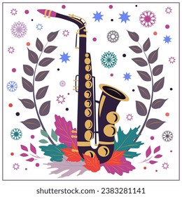 Artistic illustration with a Saxophone, snowflakes and leaves. Text. For music magazines; banners; concert banner template; country music, rock performance, invitation cards