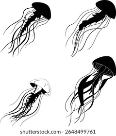  Artistic illustration of several stylized black and white jellyfish on a white background